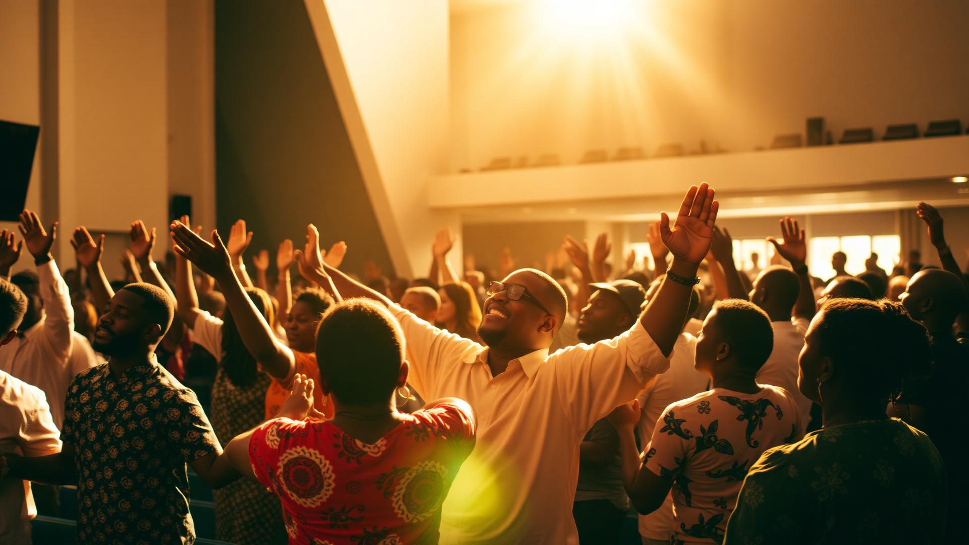 Vibrant congregation worshipping with raised hands